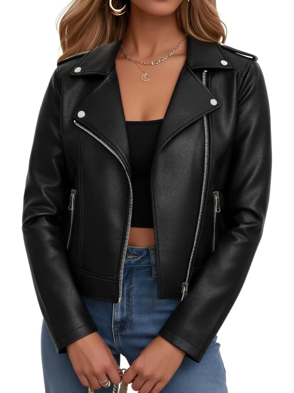 Women's Black Leather Jacket Faux Cropped Coat Cute Short Zip Up for Casual